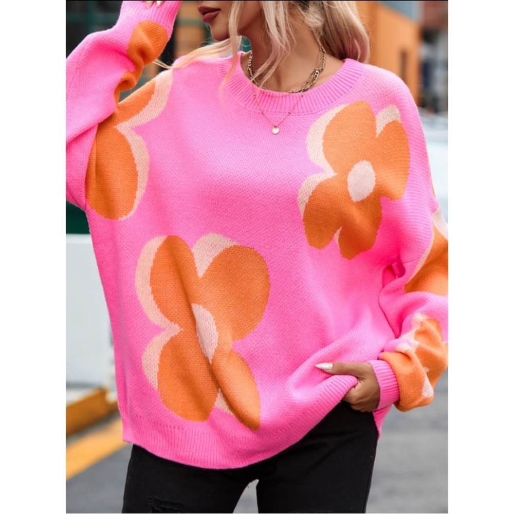 Pink and Orange Large Flower Pattern Slouchy Oversized Sweater